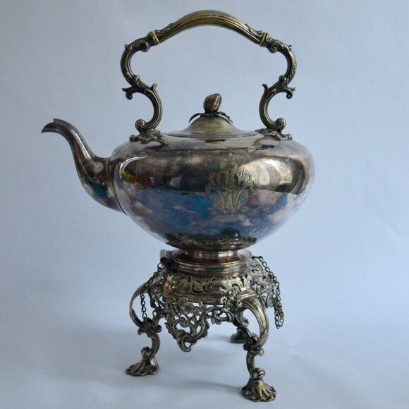 Antique Silver Tilting Tea Kettle with Warmer and Stand - Picture 1 of 16